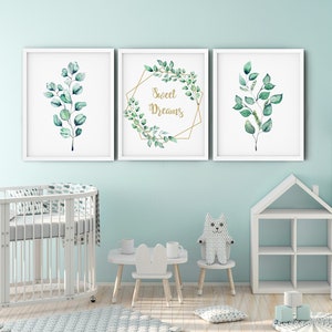 Gender Neutral Nursery Prints, Set of 3 Eucalyptus Prints, Nursery Name Sign, Printable Nursery Wall Art