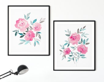 Abstract Watercolor Floral, Pink Teal Wall Art, Pink Flowers Printable Art, Roses Art Print, Set of 2 floral Artwork