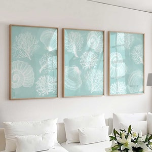 Seashell Wall Art, Blue Coastal Prints, Set of 3 prints, Turquoise beach house decor, Coral Bathroom Wall Art, Modern Minimalist Coastal Art