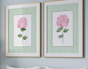 Pink Green Hydrangea Wall Art, Set of 2 prints, Floral Wall Decor, Girl bedroom Decor, Botanical Flower Painting, Stripes Grand Millenial