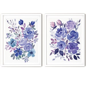 Abstract Floral Painting, Printable Wall Art, Purple and Navy Blue Wall Art, Set of Two Prints, Flowers Living Room Decor