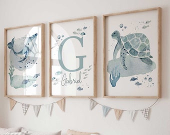 Stampe per vivaio marino, balena tartaruga marina, vivaio nautico, decorazioni nautiche oceaniche personalizzate, nome personalizzato per neonato con tema oceano acquerello