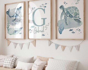 Ocean Nursery Prints, Whale Sea Turtle Art, Blue Nautical Nursery, Personalized Sea Kids room Decor, Custom Baby Boy Name, Ocean theme Print