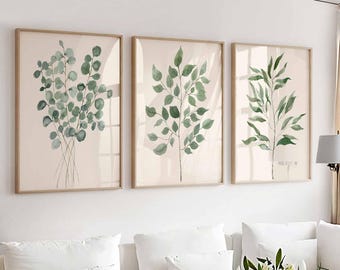 Sage Green Decor, Botanical Leaves Prints, Set of 3 Living room wall, Eucalyptus Art, Boho Decor, Minimalist Plant Print, Modern Farmhouse