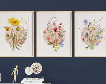 Wildflowers Print, Set of 3 Wall Art Floral, Botanical Flowers illustration, Wildflower Painting, Watercolor Meadow