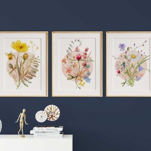 Wildflowers Print, Set of 3 Wall Art Floral, Botanical Flowers illustration, Wildflower Painting, Watercolor Meadow