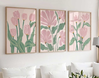 Boho Abstract Flowers, Print Set of 3, Floral Terracotta Prints, Boho Wall Art, Flower Market Poster, Pink and green wall art