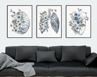 Anatomy Poster, Doctor Office Wall Decor, Human Heart, Lungs, Brain Art Print, medical student gift, Watercolor Anatomy Flowers