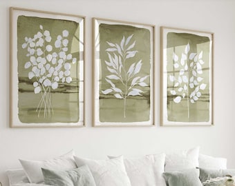 Sage Green Wall Art, Three Piece Triptych, Eucalyptus branch Prints, Watercolour Leaves Living room artwork, Sap Green, Botanical Wall Decor