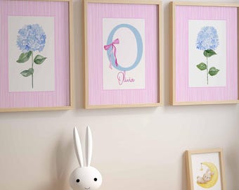 Custom Name Girl Nursery, Set of 3 blue hydrangea print, Grand Millennial, Teenage Girl Decor, College Dorm Room, Baby Girl Gift