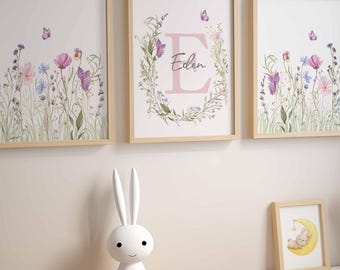 Floral Nursery Printed Art, Girl Nursery Decor, Set of 3 Prints, Boho Wildflowers Name Print, Flowers Girl Room Decor, Monogram Letter Art