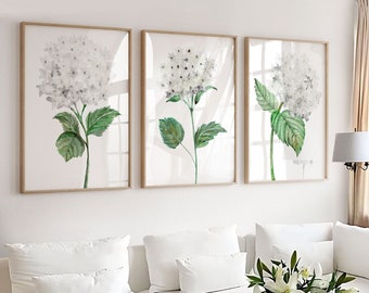 White Hydrangea Watercolor Wall Art, Botanical print set of 3, Hydrangea painting, White Hydrangea Print, White Botanical Art Print