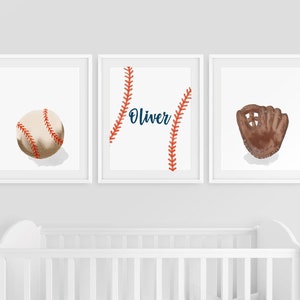 Baseball Nursery Print Set, Baseball printable art, Sport art prints, Bat mitten ball, Baby Boy Room Decor, Boy Name wall art