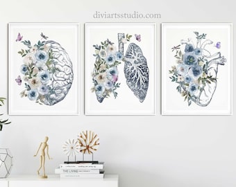 Anatomy Art, Doctor Office, Anatomy Wall Decor, Human Heart, Lungs, Brain Poster, medical student gift, Watercolor Anatomy Flowers