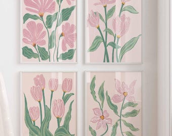 Boho Floral Abstract Print, Set of 4 Pink and Green Wall Art, Watercolor Tulip Wall Decor, Sage green Blush flowers, Living Room Bedroom