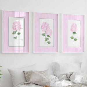 Pink Hydrangea Print, Set of 3 hydrangeas, Stripes Coastal Decor, Trendy Grandmillenial Wall Art, Watercolour Flowers, Living room artwork