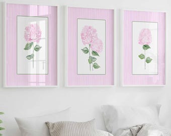 Pink Hydrangea Print, Set of 3 hydrangeas, Stripes Coastal Decor, Trendy Grandmillenial Wall Art, Watercolour Flowers, Living room artwork
