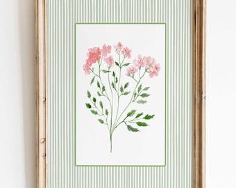 Wildflower Art Print, Grandmillenial Wall Art, Large Modern floral illustration, Stripes Frame flower poster, Bathroom decor, Living room