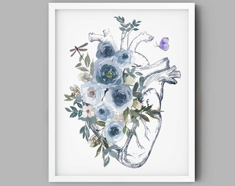 Floral Human Heart Anatomy Art Print: Cardiologist Gift