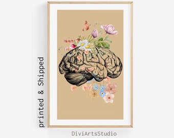 Cerebro anatómico con flores, Póster de anatomía, Impresión de arte del cerebro humano, Regalo del futuro médico, Neurología, Regalo del psicólogo