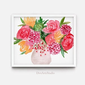 Abstract Floral Painting, Abstract Flowers Print, Floral Vase Wall Art, Watercolor Flowers Painting, Horizontal Wall Art, Floral Bunch Art