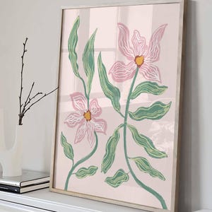 ピンクとグリーンの花柄プリント、ボヘミアン抽象ウォールアート、花のミニマリストポスター、セージとブラッシュのリビングルーム装飾、女の子の保育園アートワーク