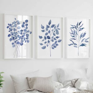 Blue Wall Art Three Piece Triptych Botanical Print Set Eucalyptus Prints Navy Bedroom Wall Decor Watercolour Leaves Living room decor