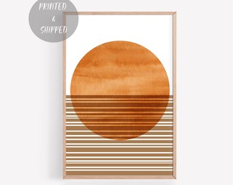 Retro Sunset Wall Art, Minimalist Sun Print, Sunset Print, Boho Sun Decor, Abstract Lines Sun Art, Living Room Decor