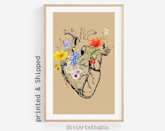 Anatomy Heart Print, Med School Gift, Human Heart with flowers, Cardiologist Office Decor, Cardiology Art, Anatomy Poster