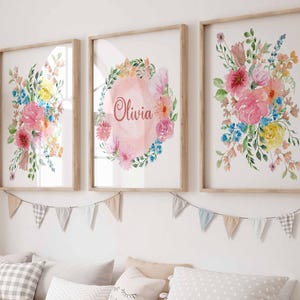 Floral Nursery colorful Wall Prints Baby Room Custom Name Prints Baby Girl Blush Nursery Decor Wildflower Nursery Wall Art Set of 3
