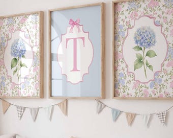 Personalized Dorm Rooms Wall Art, Girl Nursery Floral Prints, Girl Initial Letter, Monogram Print Set, Teen Bedroom, Hydrangea Poster
