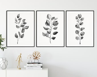 Black and white botanical prints, Eucalyptus Printable wall art, Set of 3 prints, Eucalyptus Downloadable Print, Living room decor