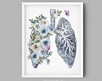 Lungs Art, Anatomy Poster, Medical Wall Art, Doctor Office Decor, Med Student Graduation Gift, Watercolor Lungs With Flowers