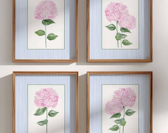 Set of 4 Prints, Hydrangea Painting, Pink Floral wall Art, Grand millennial, Botanical print set, Hampton Colonial Decor, gallery wall print