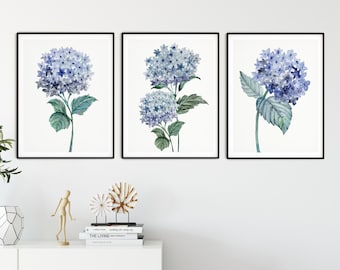 Juego de impresión de hortensia de 3, acuarela azul Flores botánicas, Pintura de hortensias Arte mural, Impresión de arte botánico floral, Decoración de la sala de estar
