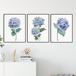Hydrangea Print Set de 3, Aquarelle bleue Fleurs botaniques, Peinture d’hortensia Art mural, Impression d’art botanique floral, Décor de salon