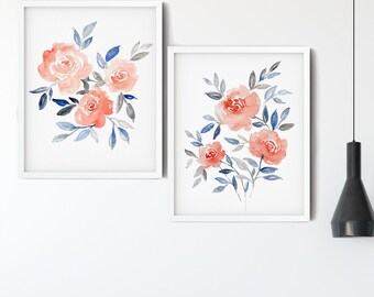 Set of Two Prints, Floral Wall Art, Bedroom Wall Decor, Flower Art Prints, Watercolor Floral Art prints