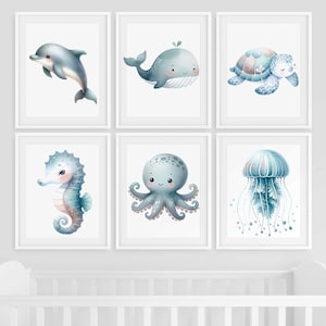 Chambre de bébé animaux marins, impressions mignonnes sur le thème de l'océan, lot de 6 oeuvres d'art murales, affiche méduse baleine dauphin, décoration de chambre aquarelle garçon marin enfant