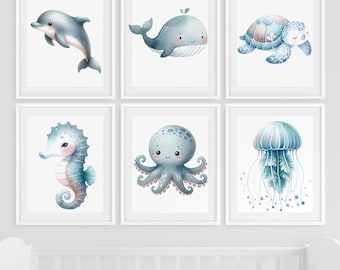 Baby Sea Animal Nursery, Cute Ocean Theme Prints, Set of 6 wall Art, JellyFish whale dolphin Poster, Watercolor Boy Marine Kids Room Decor
