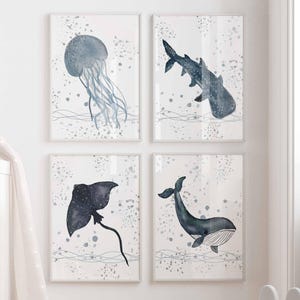 Ozean Thema Kinderzimmer Drucke, 4er Set Meerestiere Wandkunst, Quallen Wal Poster, Aquarell Jungen Kinderzimmer, Ozean Kinderzimmer Dekor Marine