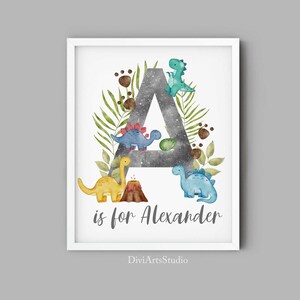 Personalized Dinosaur Nursery Art, Name Initial Print, Trex Stegosaurus Nursery Decor, Customized Dinosaur Wall Art