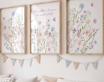 Wildflowers Nursery Wall Art, Boho Floral Baby Girl Room Decoration, Soft pastel purple pink flowers, Christian Quotes Prints