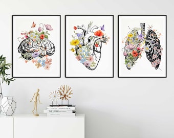 Anatomy Art Set, Brain Heart Lungs wall Art, Medical student gift, Doctor Office Decor, Watercolor Anatomical floral Print