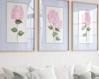 Pink Hydrangea Print, Set of 3 Wall Art, Blue Stripes Coastal Decor, Nursery Grand millennial, Watercolour Floral Botanical Painting