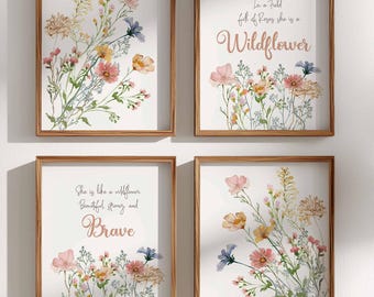 Wildflowers Nursery Set of 4 Prints, She is Like a Wildflower Wall Art, Floral Inspirational Quotes, Boho Meadow Art, Baby Girl Newborn Gift