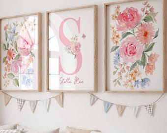 Blush Floral Nursery Prints, Custom Name baby Girl Room Decor, Pink Initial Personalized, Girl Bedroom art, Flowers Peony Wall art set of 3