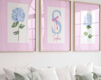 Personalized Dorm Rooms Wall Art, Pink Girl Nursery Floral Prints, Girl Name Sign, Monogram Print Set, Teen Bedroom College Hydrangea Poster