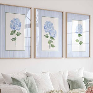 Blue Hydrangea Print, Set of 3 hydrangeas, Stripes Coastal Decor, Trendy Grand millennial Wall Art, Watercolour Floral Living room Painting