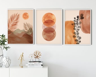 Terracotta prints set of 3, Mid Century Modern Art Print, Boho Decor, Minimalist Gallery Wall, Abstract Sun Desert Print