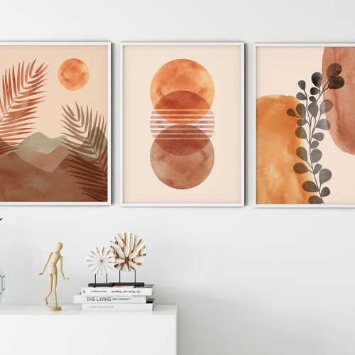 Terracotta prints set of 3, Mid Century Modern Art Print, Boho Decor, Minimalist Gallery Wall, Abstract Sun Desert Print
